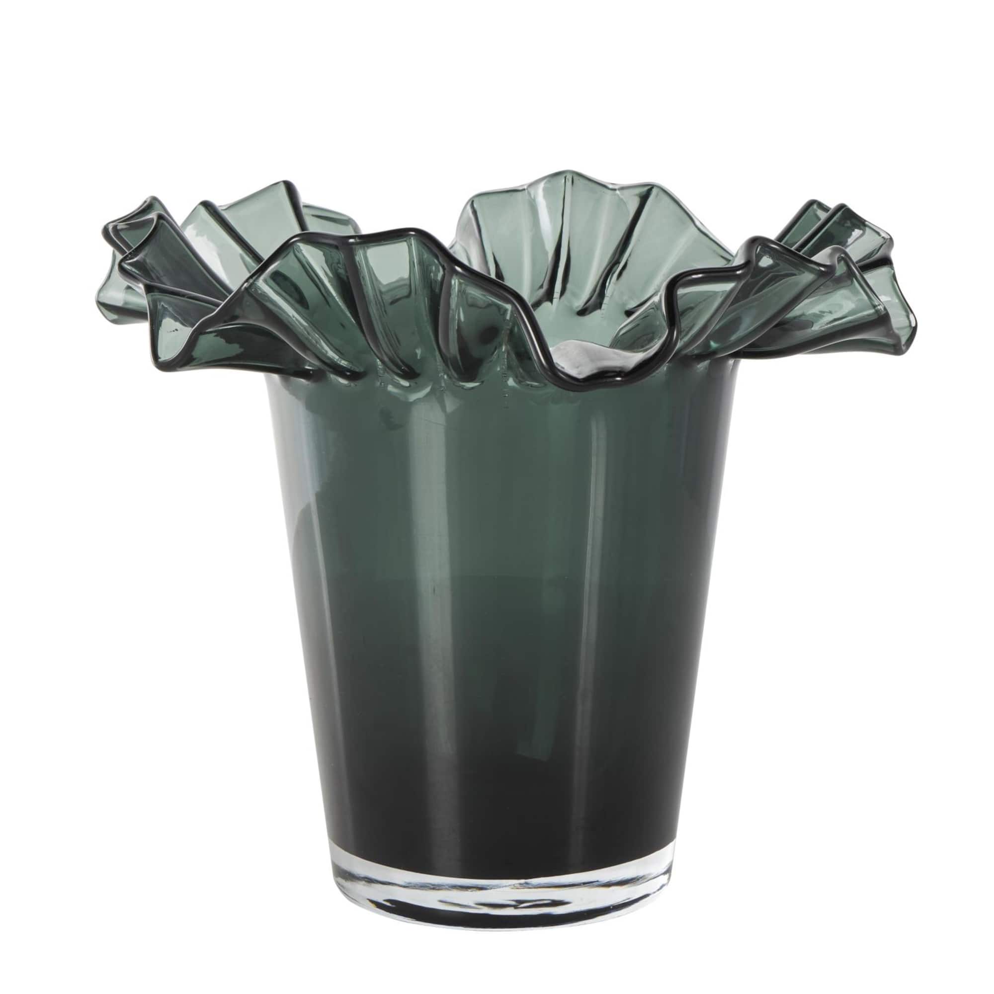 Green Glass Floral Tulip Inspired Ombre Vase with Wavy Opening